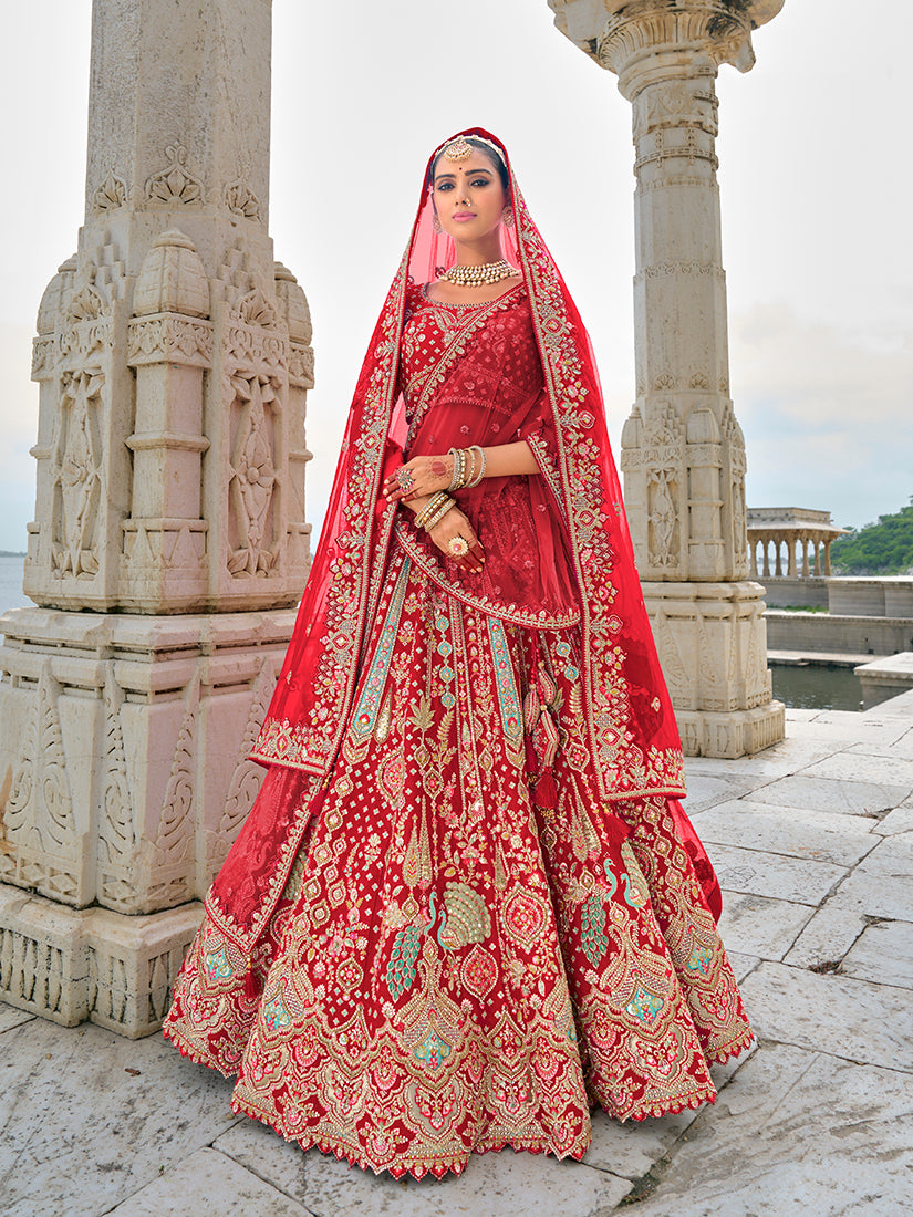 Monjolika Fashion Red Silk Embroidered Sequins Thread And Zari Work Bridal Trendy Lehenga Choli