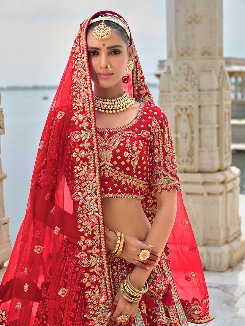 Monjolika Fashion Red Silk Embroidered Sequins Thread And Zari Work Bridal Trendy Lehenga Choli