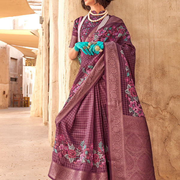 Monjolika Fashion Georgette Weaving Work Digital Print Burgundy Classic Saree - Distacart