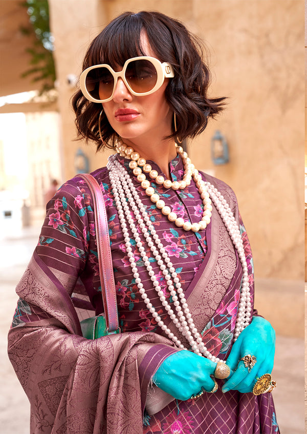 Monjolika Fashion Georgette Weaving Work Digital Print Burgundy Classic Saree