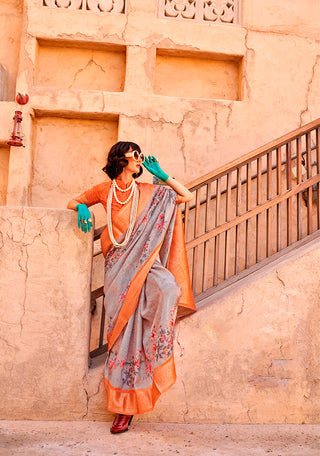 Monjolika Fashion Georgette Weaving Work Digital Print Grey Classic Saree