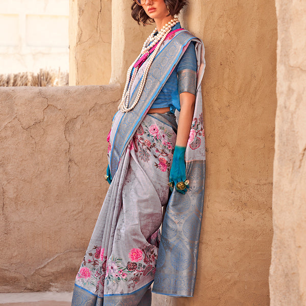 Monjolika Fashion Georgette Weaving Work Digital Print Grey Classic Saree - Distacart