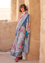 Thumbnail for Monjolika Fashion Georgette Weaving Work Digital Print Grey Classic Saree