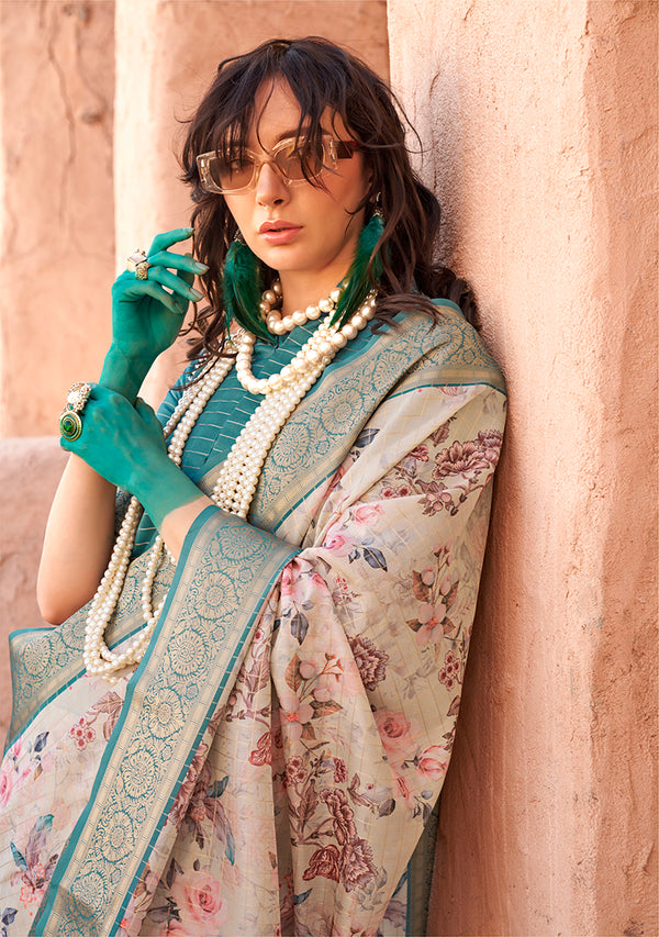 Monjolika Fashion Georgette Weaving Work Digital Print Cream Classic Saree