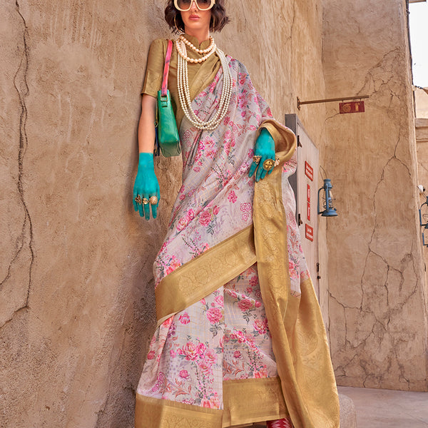 Monjolika Fashion Georgette Weaving Work Digital Print Light Grey Classic Saree - Distacart