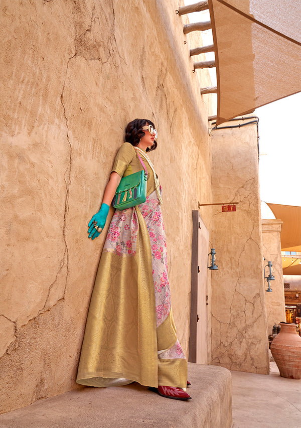 Monjolika Fashion Georgette Weaving Work Digital Print Light Grey Classic Saree