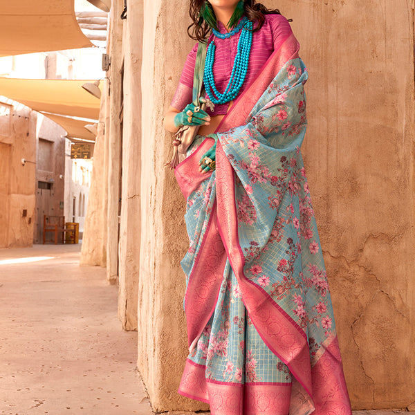 Monjolika Fashion Georgette Weaving Work Digital Print Aqua Blue Classic Saree - Distacart