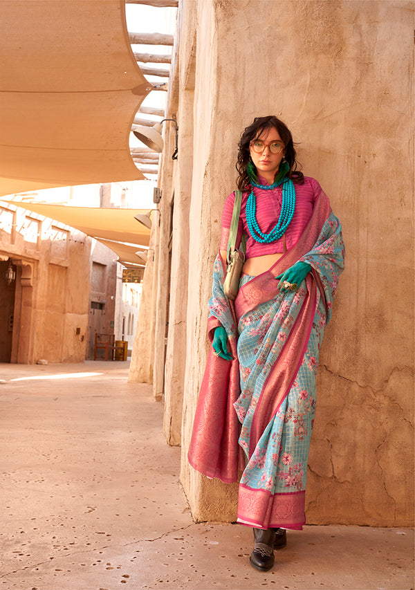 Monjolika Fashion Georgette Weaving Work Digital Print Aqua Blue Classic Saree