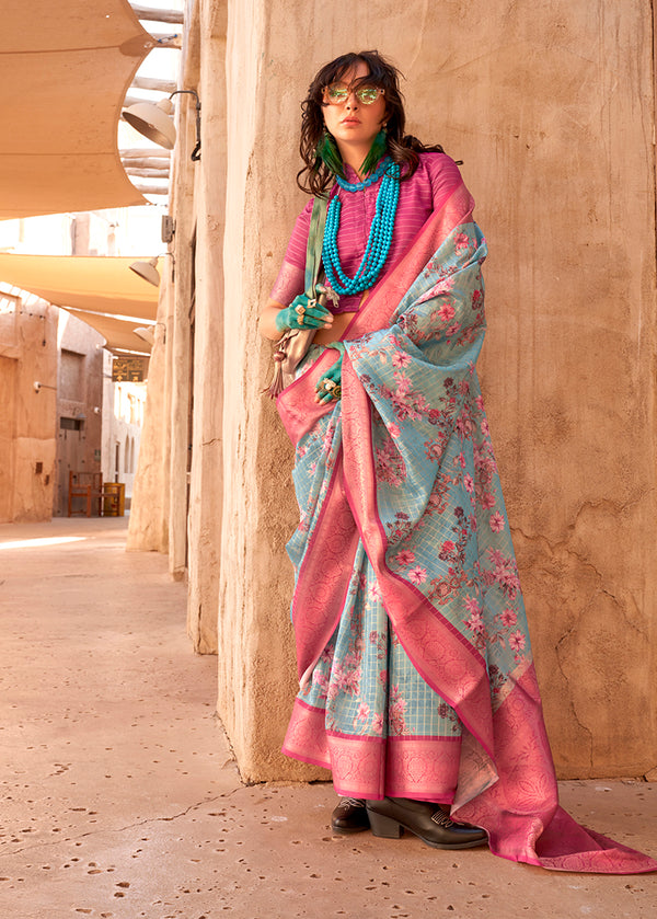 Monjolika Fashion Georgette Weaving Work Digital Print Aqua Blue Classic Saree