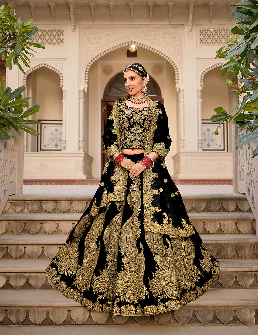 Monjolika Fashion Velvet Black Embroidered Stone Work Wedding Lehenga Choli
