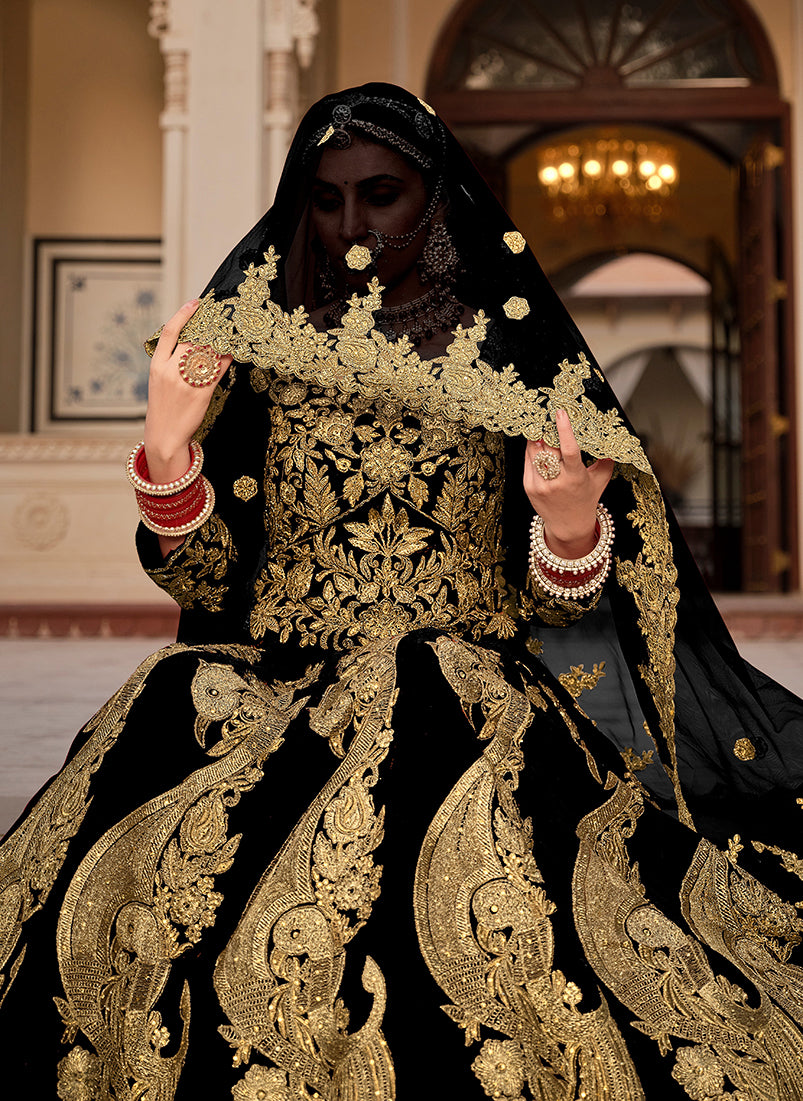 Monjolika Fashion Velvet Black Embroidered Stone Work Wedding Lehenga Choli