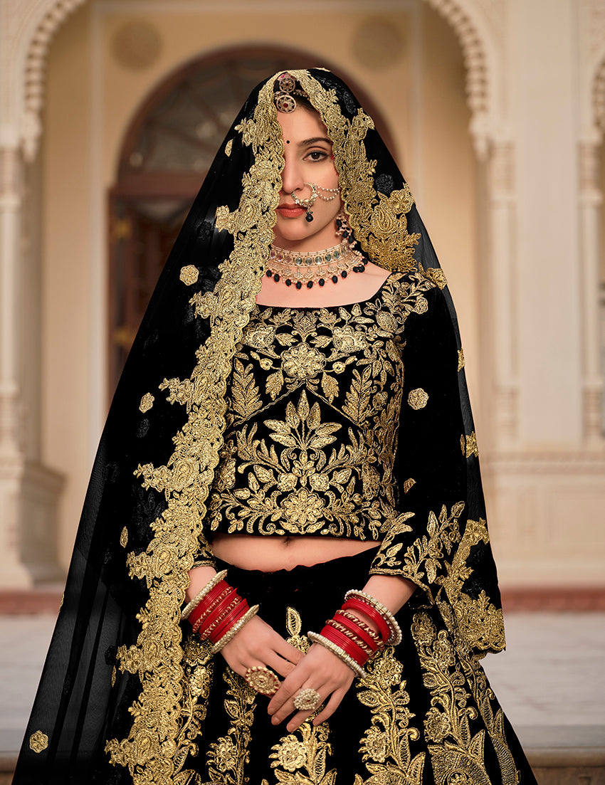 Monjolika Fashion Velvet Black Embroidered Stone Work Wedding Lehenga Choli
