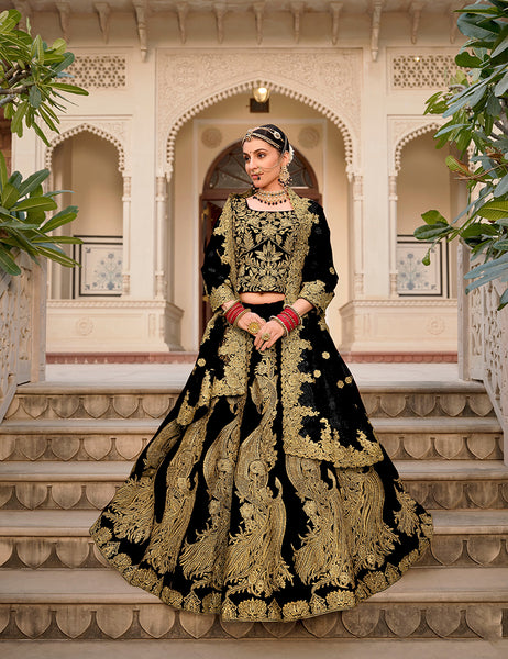 Monjolika Fashion Velvet Black Embroidered Stone Work Wedding Lehenga Choli