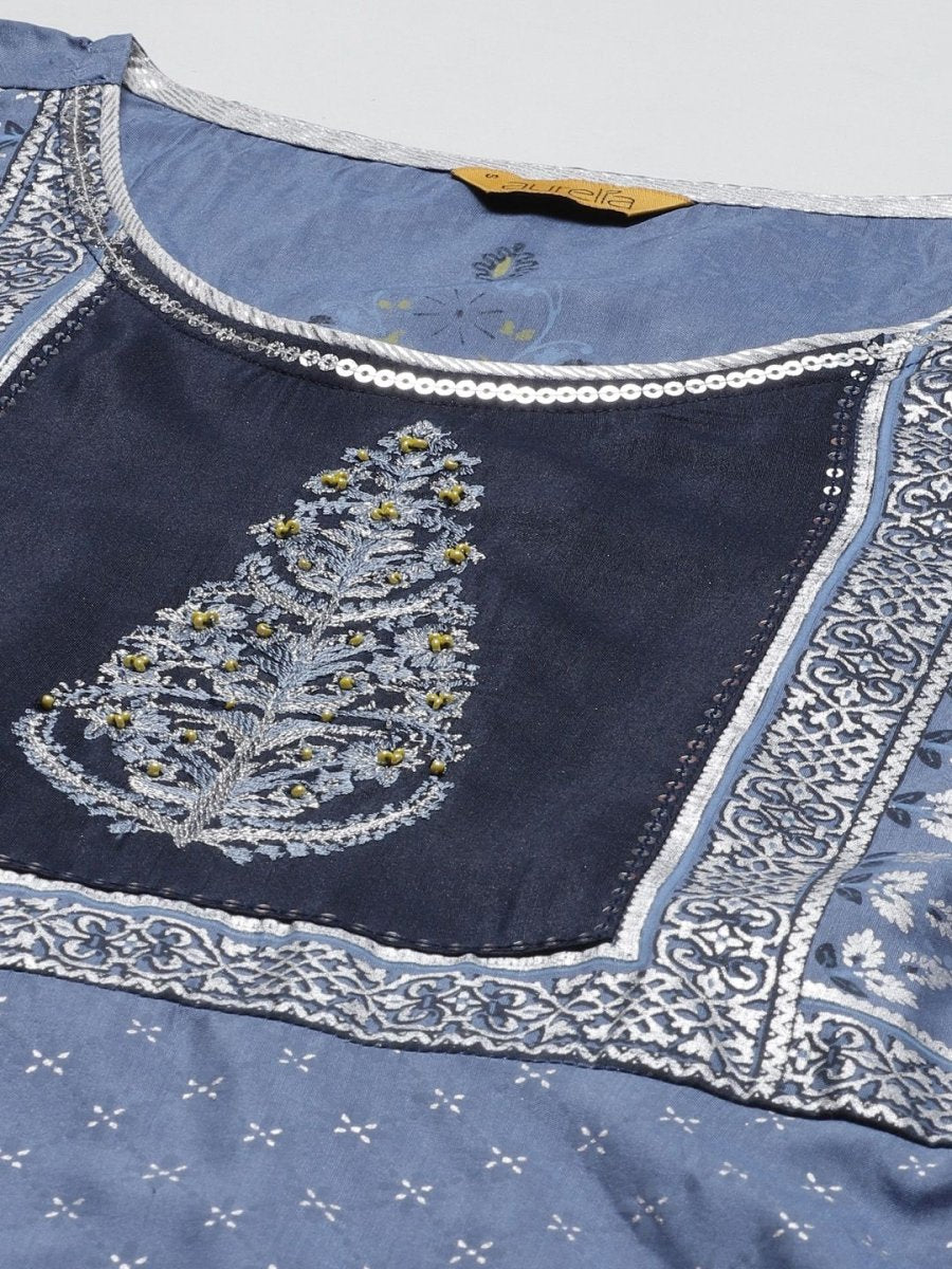 AURELIA Blue & Beige Ethnic Motifs A-Line Maxi Dress - Distacart