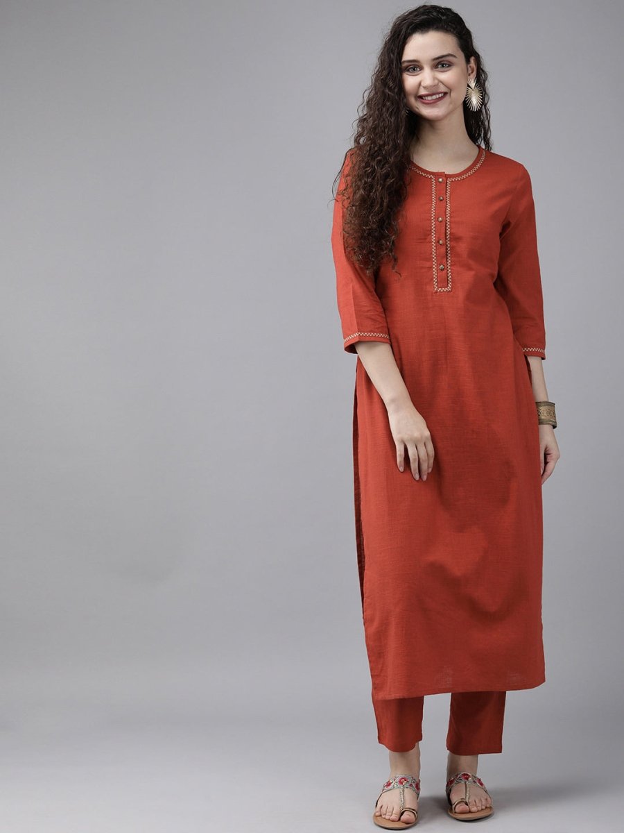 Anouk Women Rust Red Solid Kurta with Trousers - Distacart