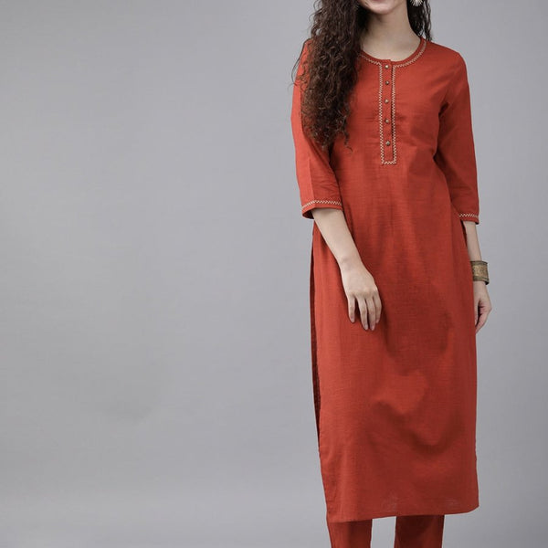 Anouk Women Rust Red Solid Kurta with Trousers - Distacart