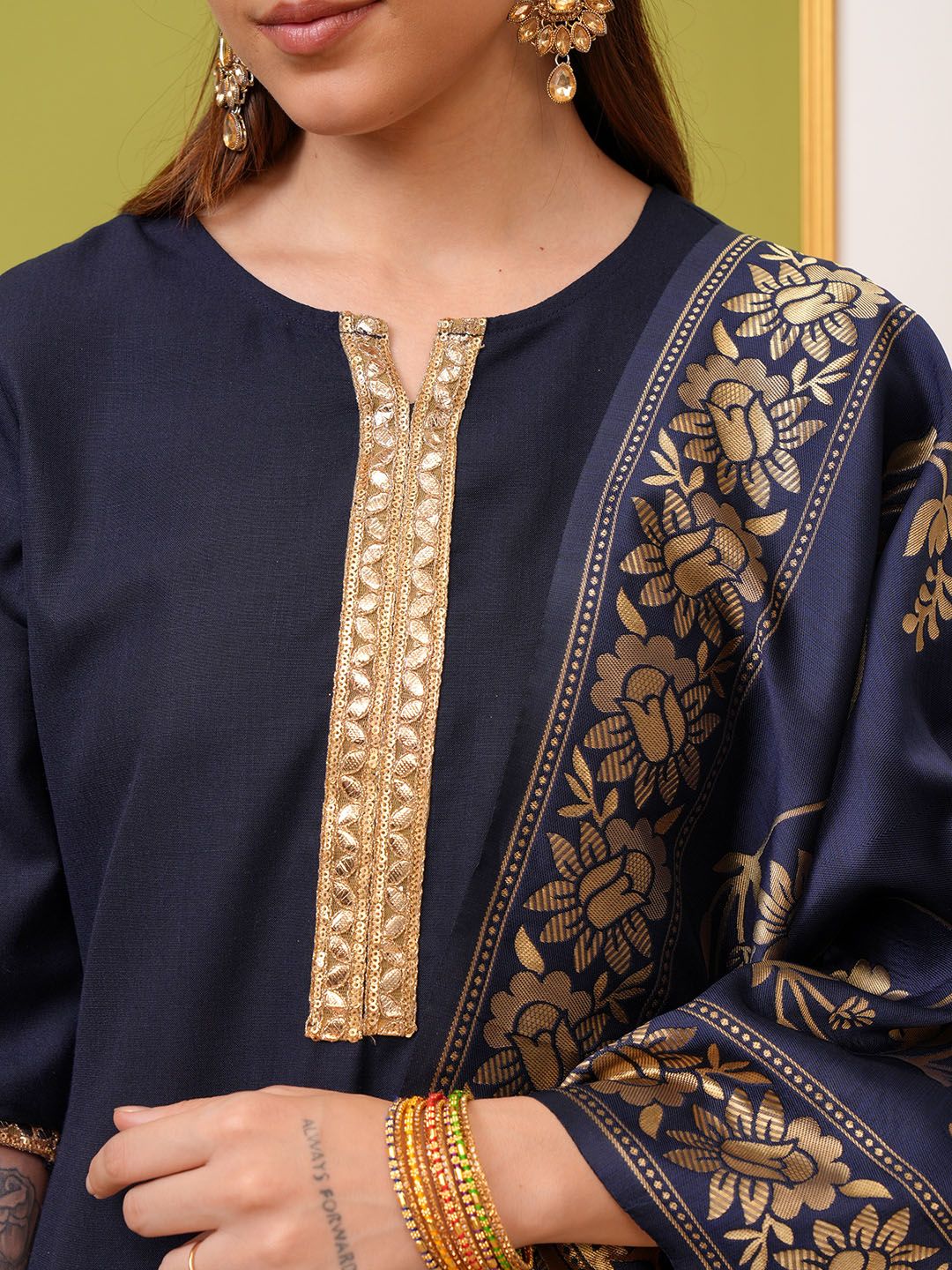 Vishudh Navy Blue & Gold Toned Round Neck Regular Kurta with Trousers & With Dupatta - Distacart