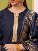 Thumbnail for Vishudh Navy Blue & Gold Toned Round Neck Regular Kurta with Trousers & With Dupatta
