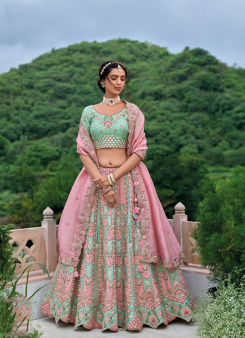 Monjolika Fashion Silk Blend Embroidered Sequins Light Turquoise And Pink Designer Lehenga Choli