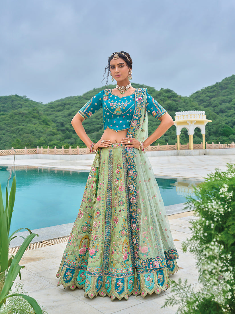 Monjolika Fashion Silk Blend Embroidered Sequins Sea Green And Turquoise Designer Lehenga Choli - Distacart
