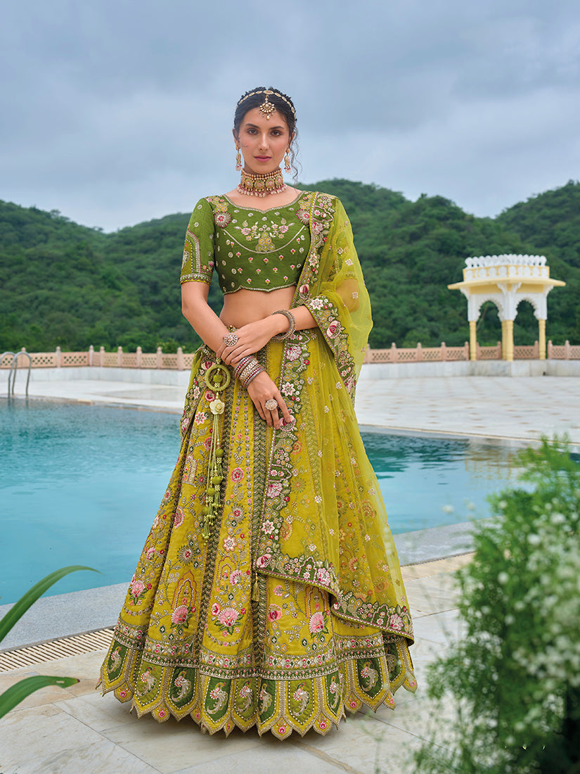 Monjolika Fashion Silk Blend Embroidered Sequins Green And Mehendi Designer Lehenga Choli - Distacart