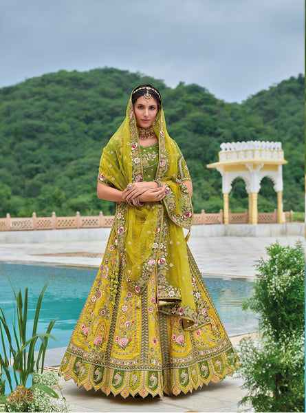 Monjolika Fashion Silk Blend Embroidered Sequins Green And Mehendi Designer Lehenga Choli
