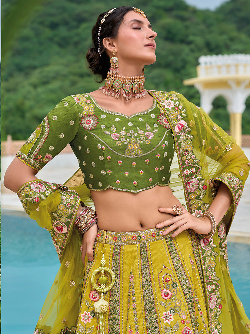 Monjolika Fashion Silk Blend Embroidered Sequins Green And Mehendi Designer Lehenga Choli