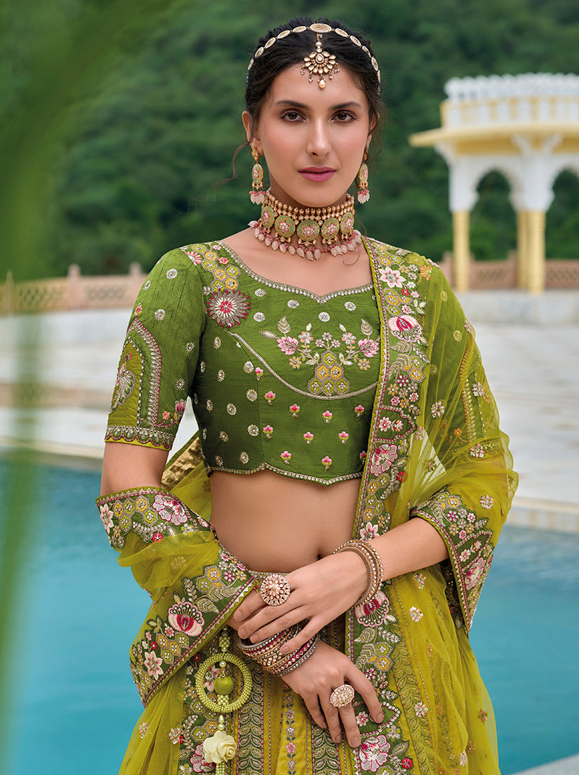Monjolika Fashion Silk Blend Embroidered Sequins Green And Mehendi Designer Lehenga Choli