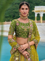 Thumbnail for Monjolika Fashion Silk Blend Embroidered Sequins Green And Mehendi Designer Lehenga Choli