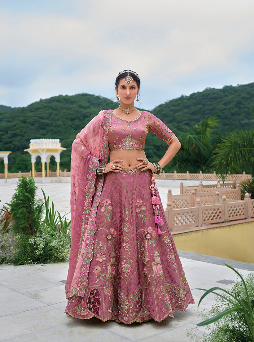 Monjolika Fashion Silk Blend Embroidered Sequins Onion Pink Designer Lehenga Choli
