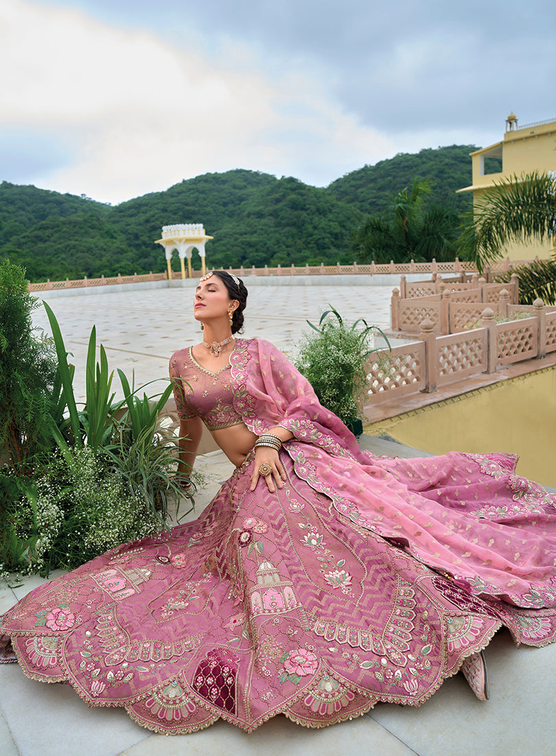 Monjolika Fashion Silk Blend Embroidered Sequins Onion Pink Designer Lehenga Choli
