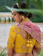 Thumbnail for Monjolika Fashion Silk Blend Embroidered Sequins Yellow And Pink Designer Lehenga Choli