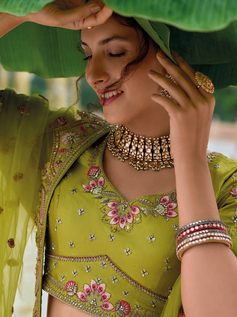 Monjolika Fashion Silk Blend Embroidered Sequins pear Designer Lehenga Choli