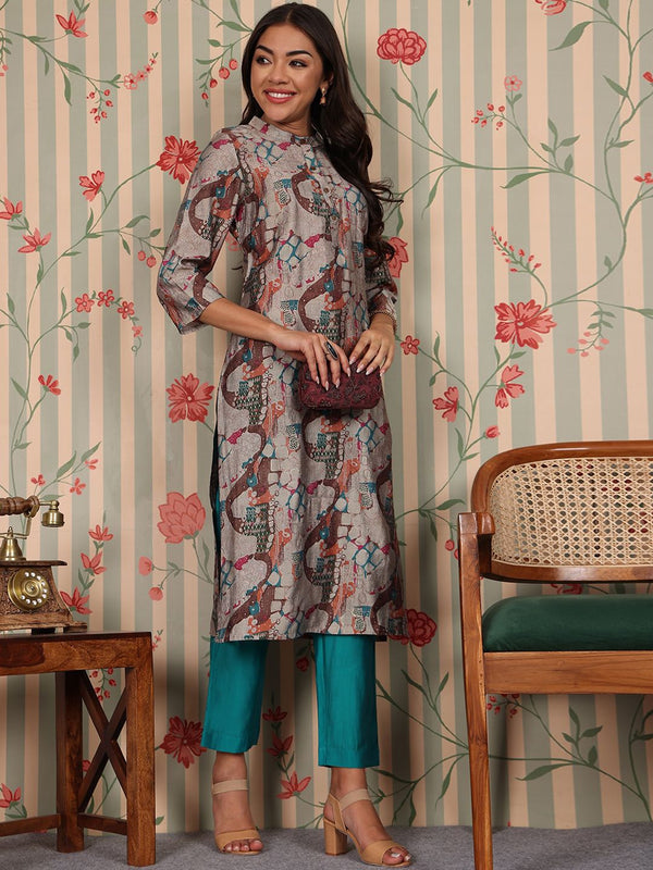 Ode by House of Pataudi Mandarin Collar Printed Regular Chanderi Silk Straight Kurta Set - Distacart