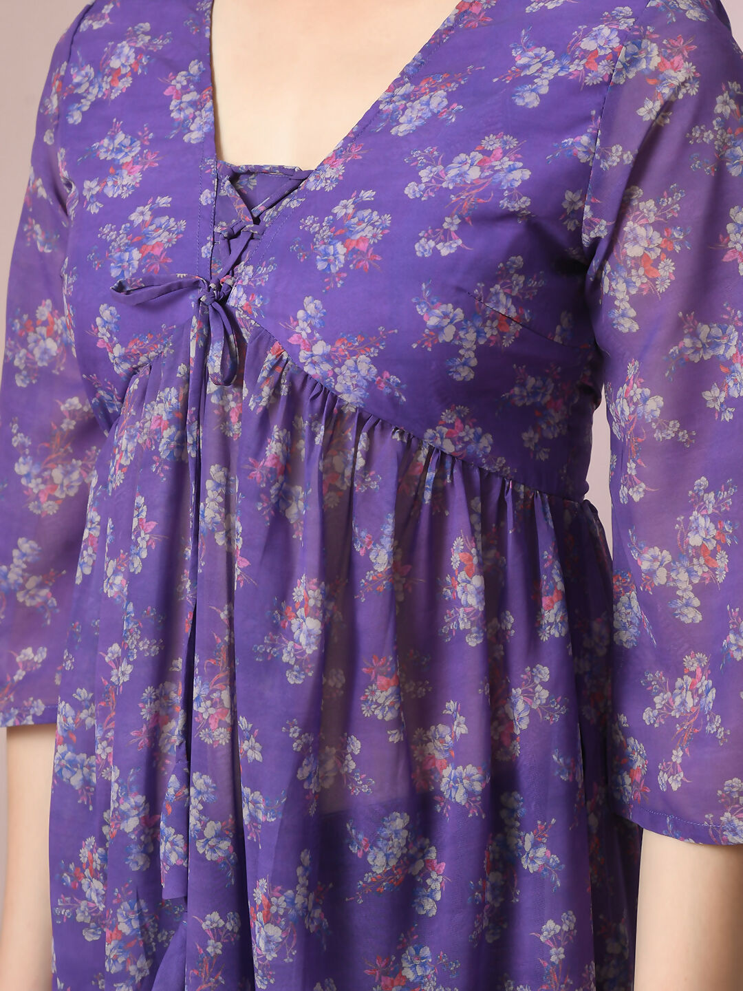 Myshka Women's Purple Printed Georgette A-Line Nyra-cut Kurta - Distacart