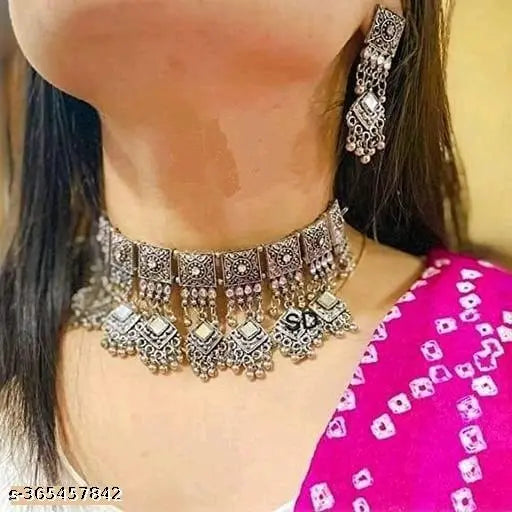 Tehzeeb Creations Women's Silver Colour Oxidised Necklace Set With Mirror Work - Distacart
