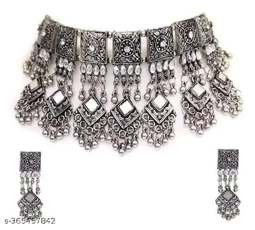 Tehzeeb Creations Women's Silver Colour Oxidised Necklace Set With Mirror Work - Distacart
