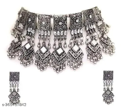 Tehzeeb Creations Women's Silver Colour Oxidised Necklace Set With Mirror Work - Distacart