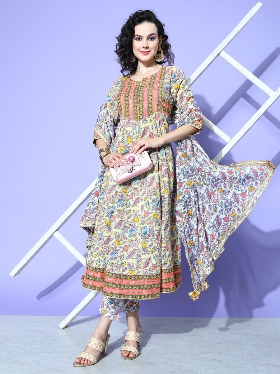 All About You Women Cream-Coloured Floral Printed Regular Gotta Patti Pure Cotton Kurta with Trousers & With - Distacart