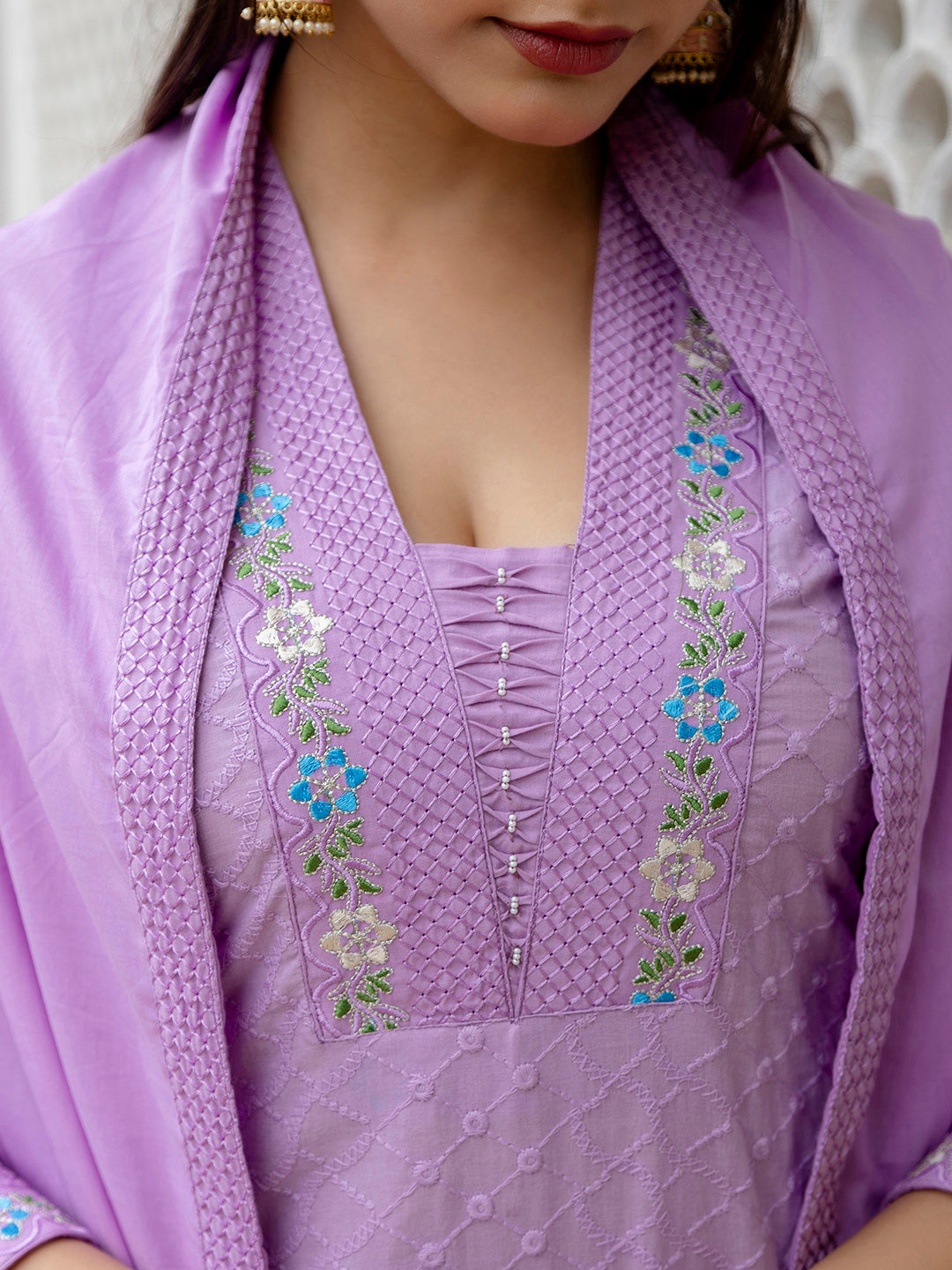 Kalini Floral Embroidered V-Neck Thread Work Pure Cotton Kurta With Trousers & Dupatta - Distacart