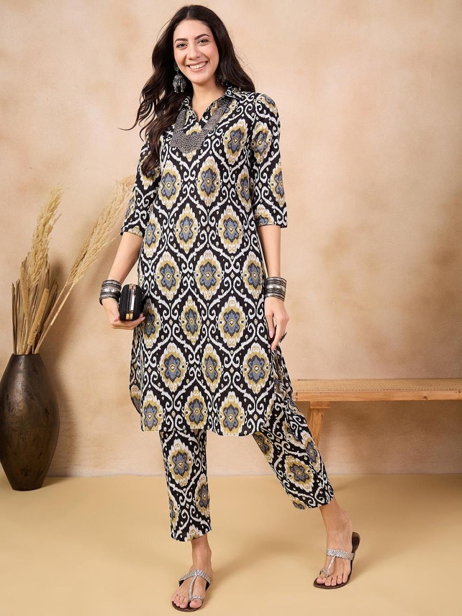 Anouk Ethnic Motifs Printed Regular Shirt Collar Pure Cotton Straight Kurta With Trouser - Distacart