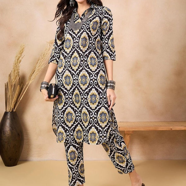 Anouk Ethnic Motifs Printed Regular Shirt Collar Pure Cotton Straight Kurta With Trouser - Distacart