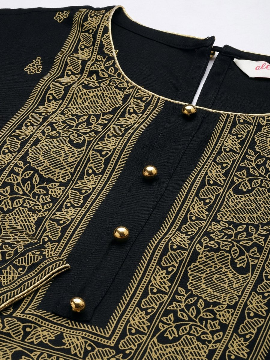 All About You Women Black & Mustard Yellow Printed Kurta with Trousers - Distacart