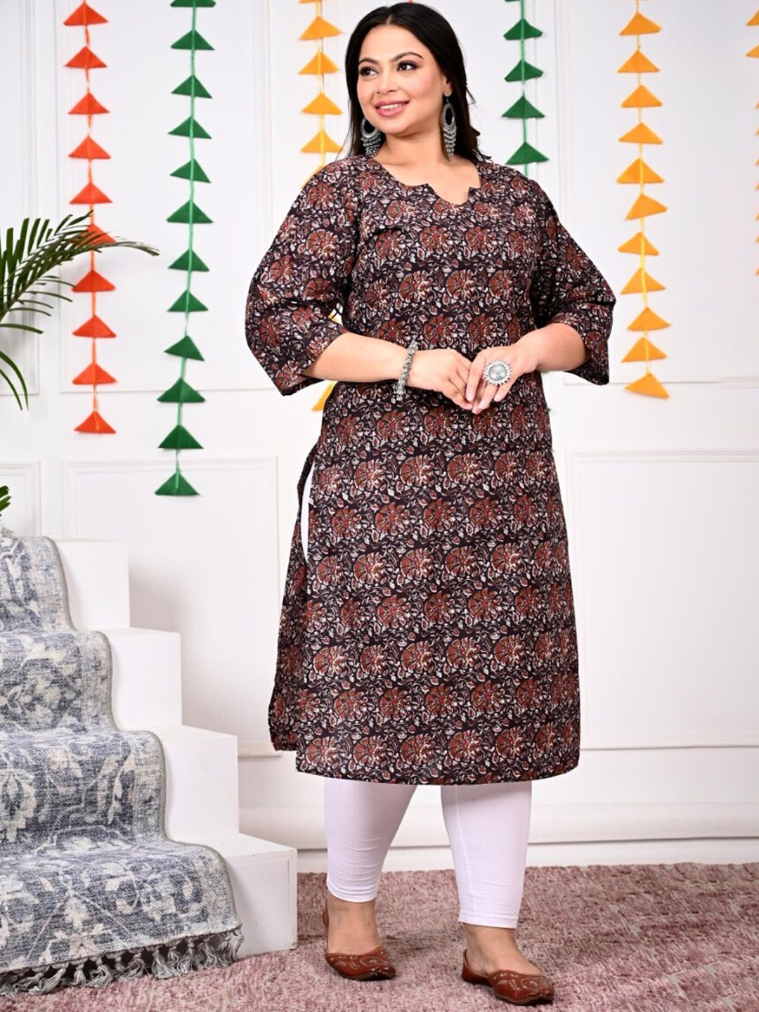 Swasti Brown Floral Printed Cotton Straight A-Line Kurta
