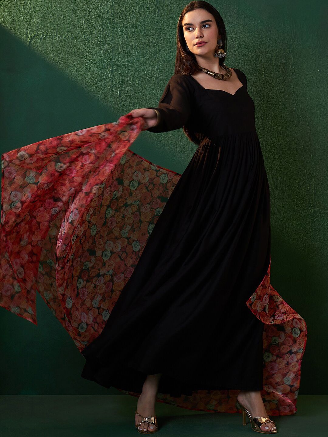 Sangria Black Sweetheart Neck Anarkali Kurta With Dupatta - Distacart