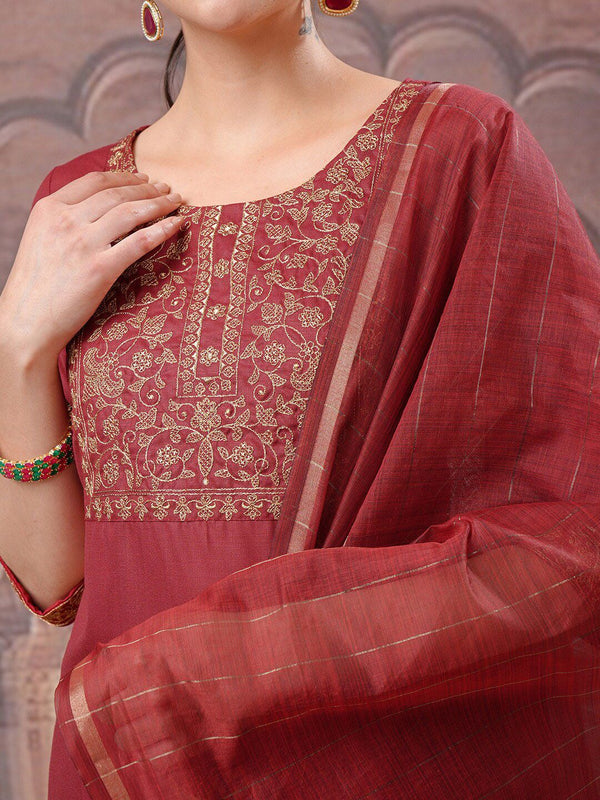 Vishudh Floral Yoke Design Regular Thread Work Kurta with Trousers & With Dupatta