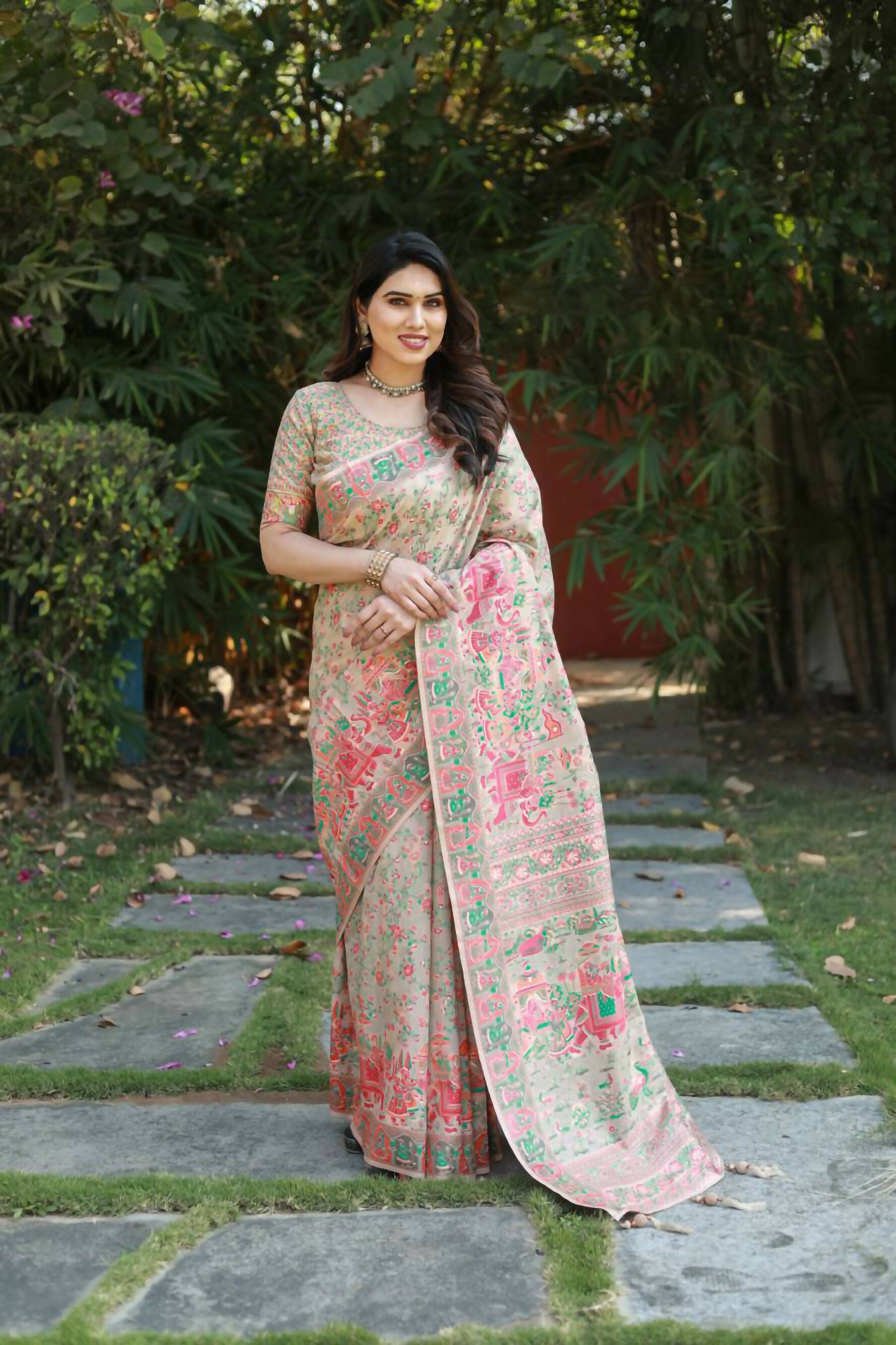 Vastranavya Luxury and Beautiful Soft, Smooth, Flowing Original Pashmina Soft Cotton Saree with Matching Blouse Fabric - Cream - Distacart