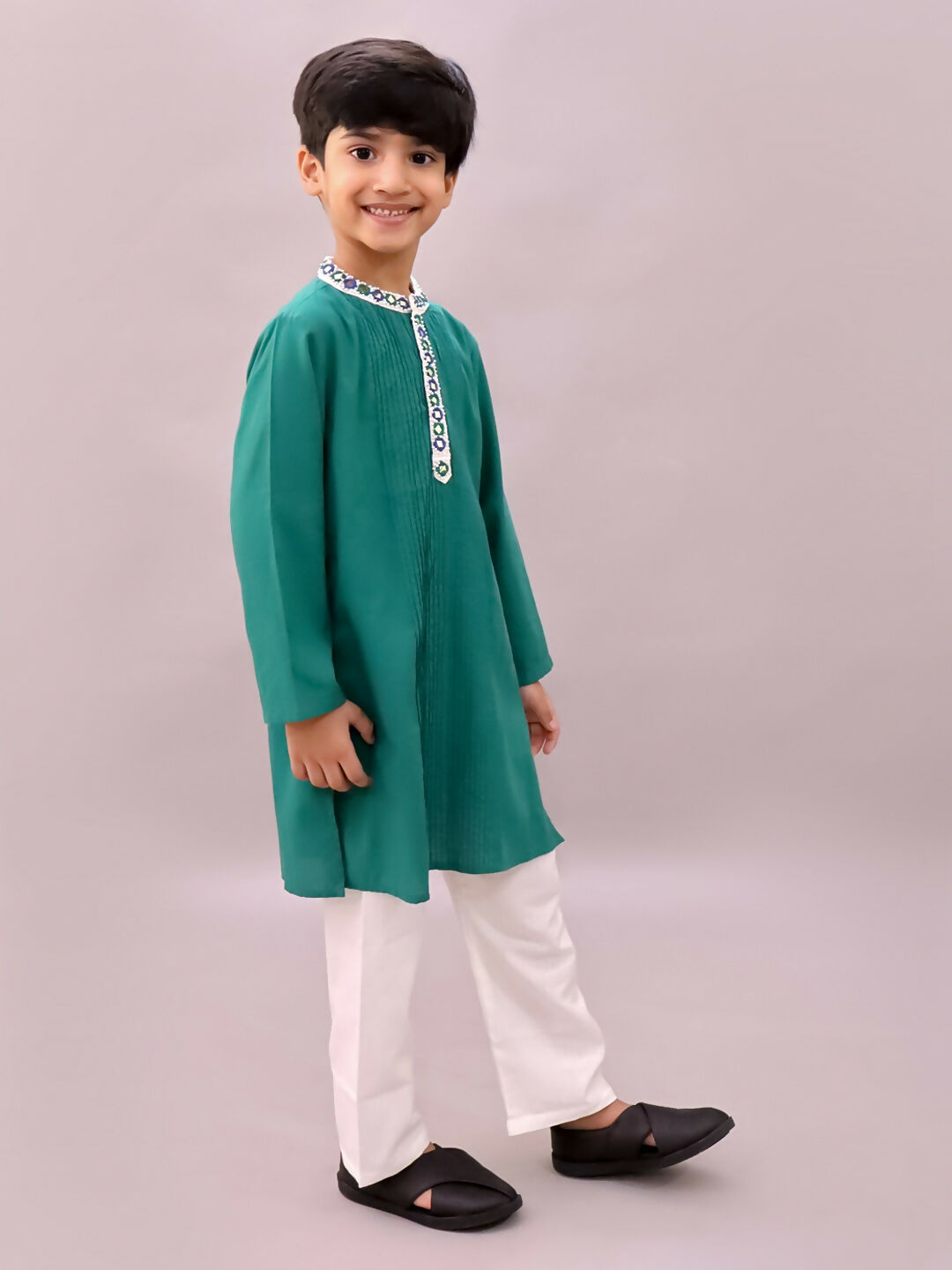 Lil Drama Shor-Gul Green Kurta Pyjama Set For Boys