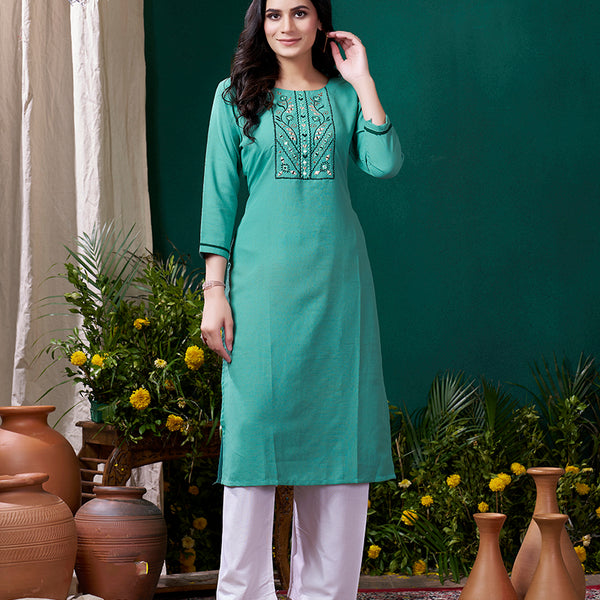 Monjolika Fashion Sky Blue Maaza Cotton Hand Work With Pocket Casual Kurti - Distacart