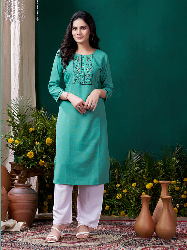 Monjolika Fashion Sky Blue Maaza Cotton Hand Work With Pocket Casual Kurti